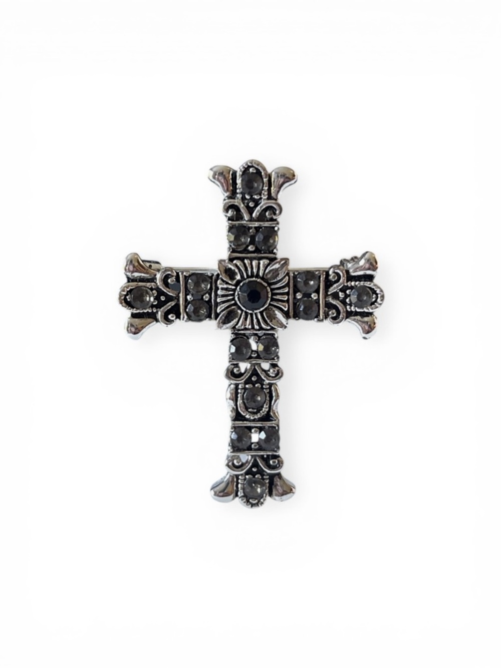 Cross Pin Brooch Renaissance Ornate Black And Silverstone Rhinestone